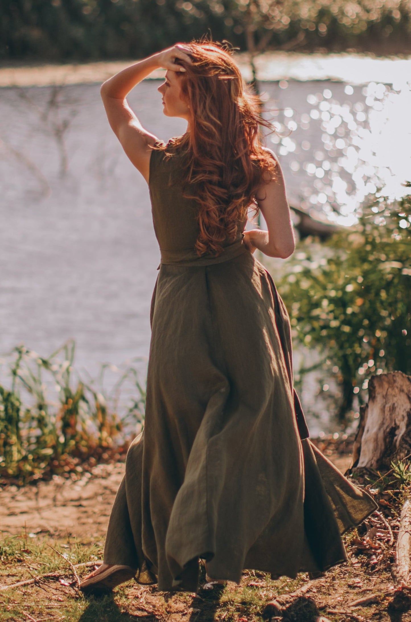 Sleeveless Linen Maxi Dress with Tie Waist, VisibleArtShop