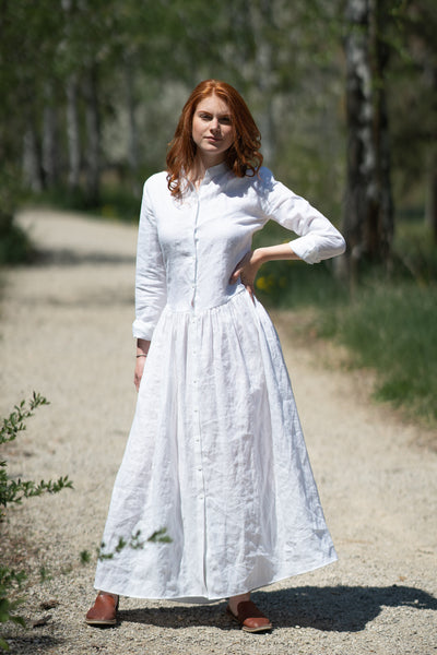 White linen long top sleeve dress