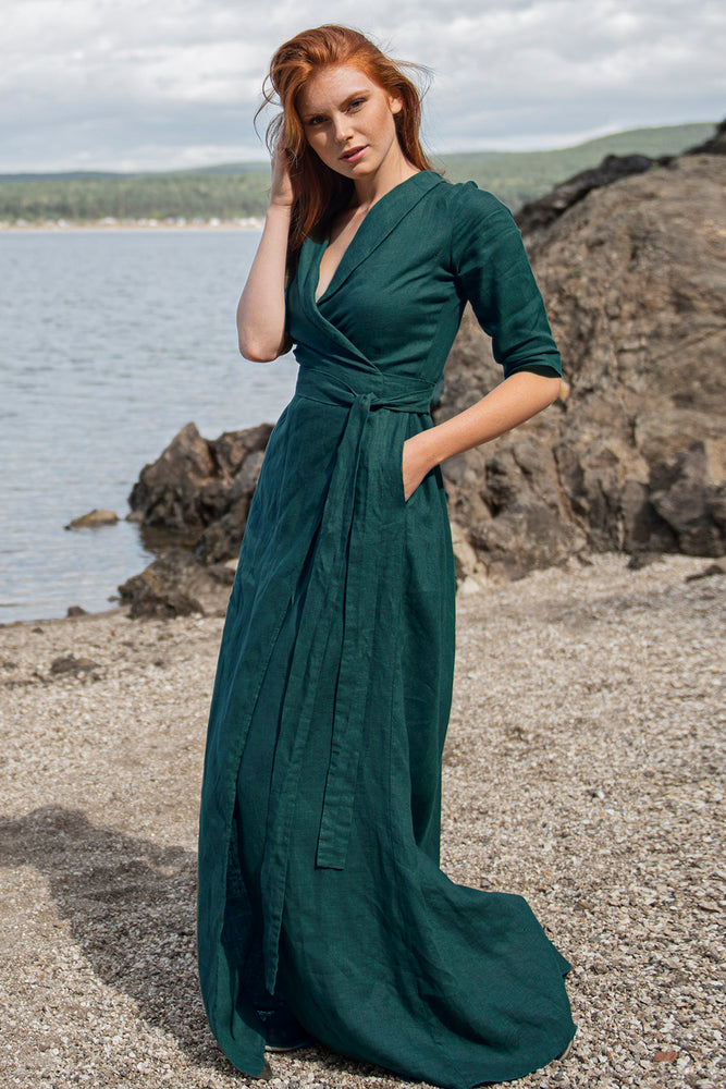 Linen Wrap Dress in Emerald Green - VisibleArtShop