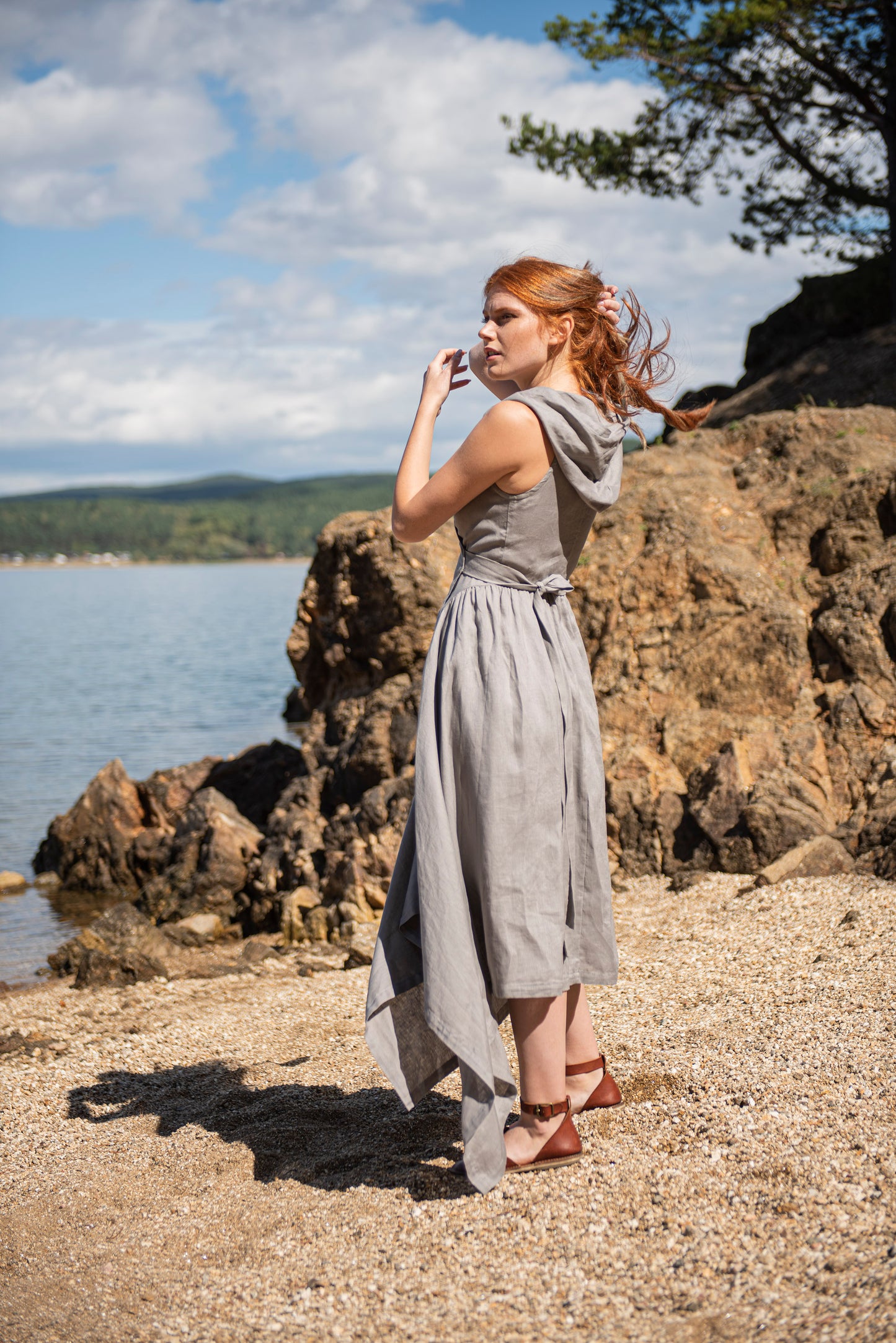 Hooded Linen Asymmetric Dress, VisibleArtShop