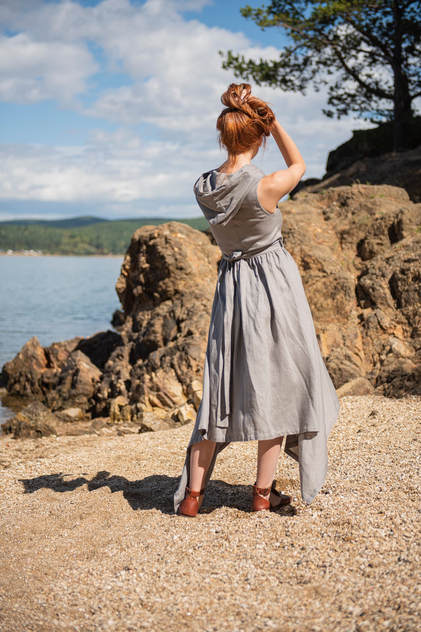 Hooded Linen Asymmetric Dress, VisibleArtShop