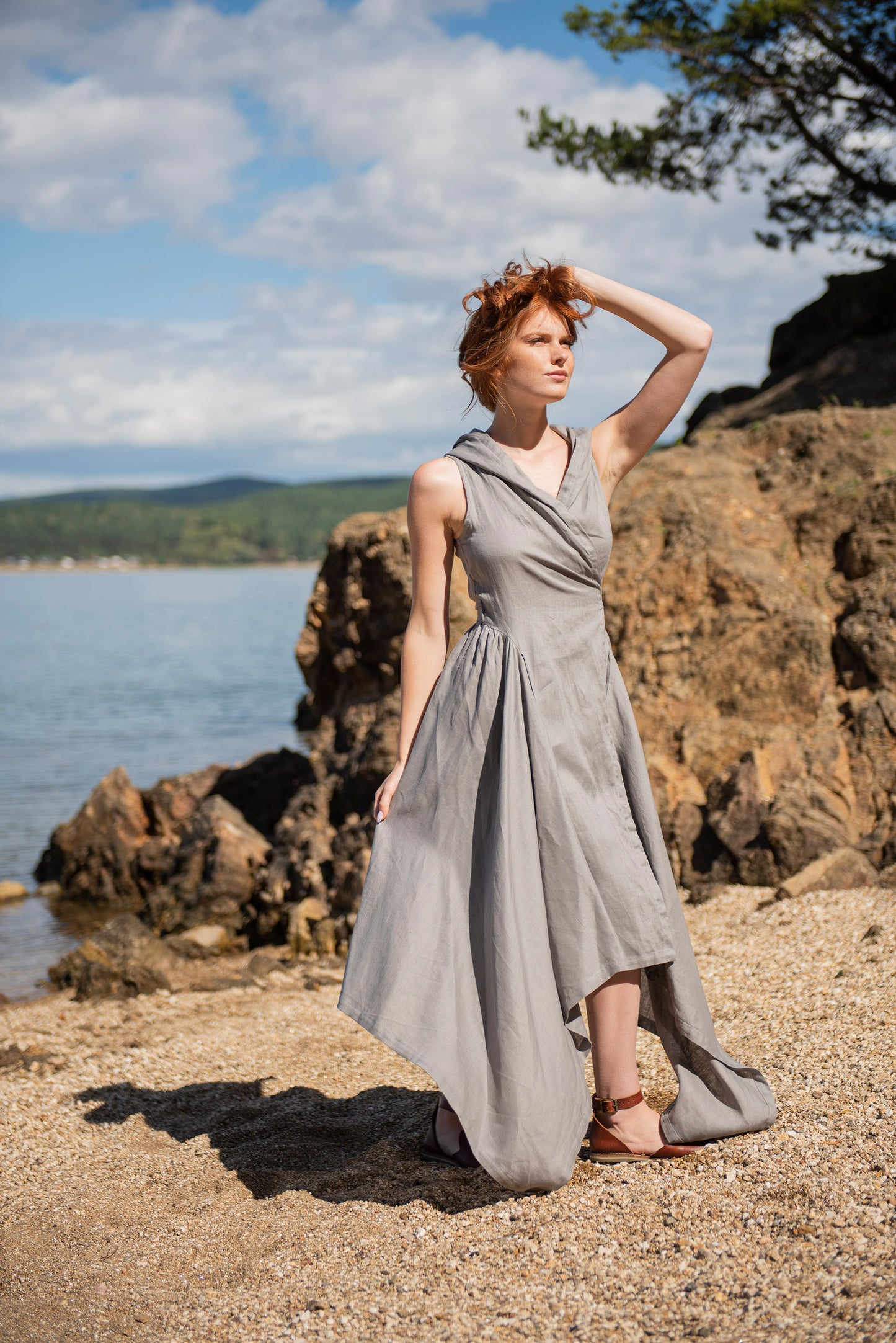 Hooded Linen Asymmetric Dress, VisibleArtShop