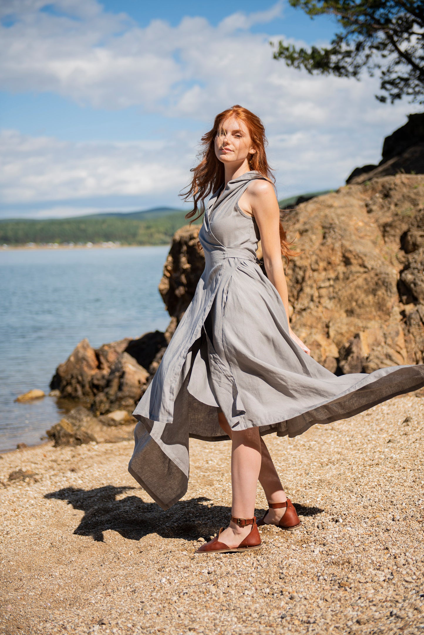 Hooded Linen Asymmetric Dress, VisibleArtShop