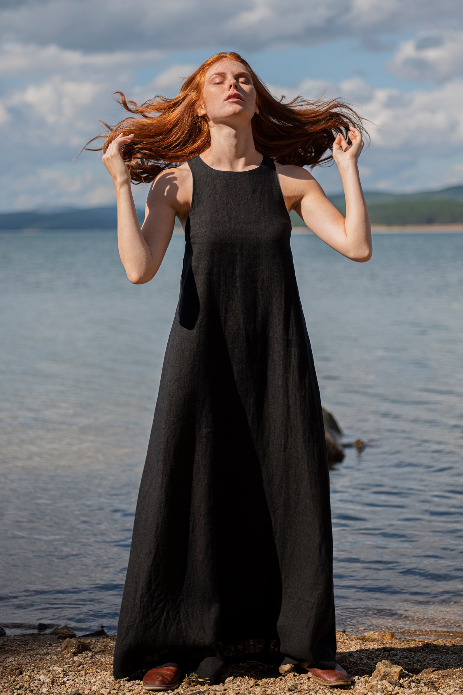 Minimalist 100% Linen Floor-Length Maxi Dress for Women, Pockets