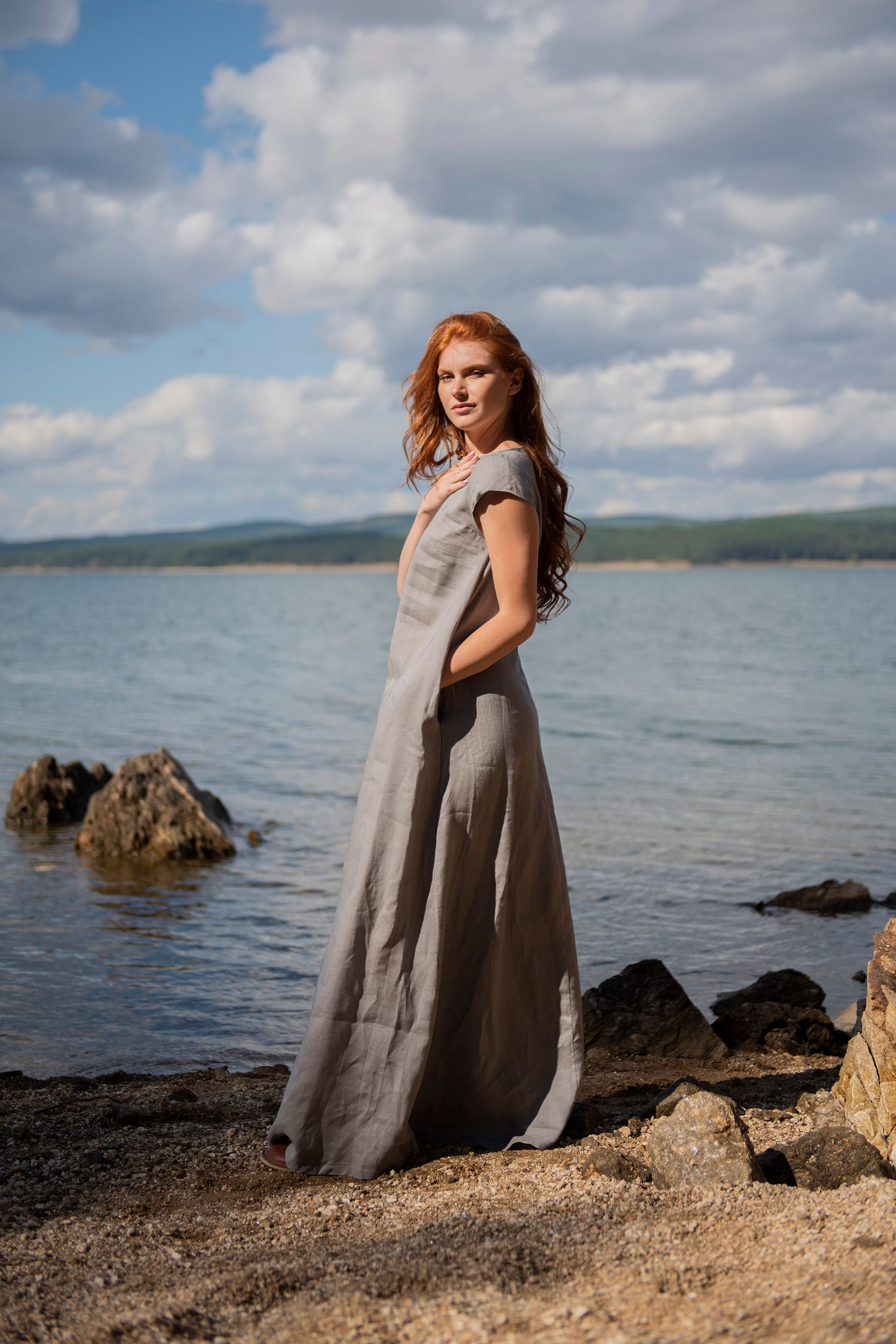 Linen Maxi Dress with Cap Sleeves, VisibleArtShop