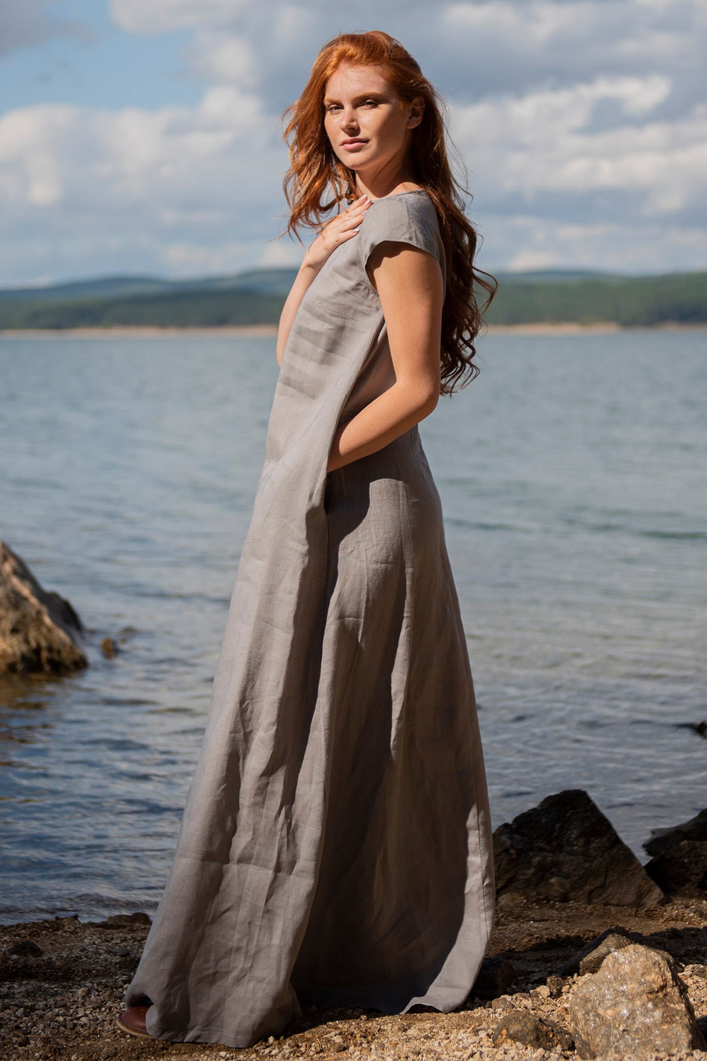 Long Linen Dress with Cap Sleeves, VisibleArtShop