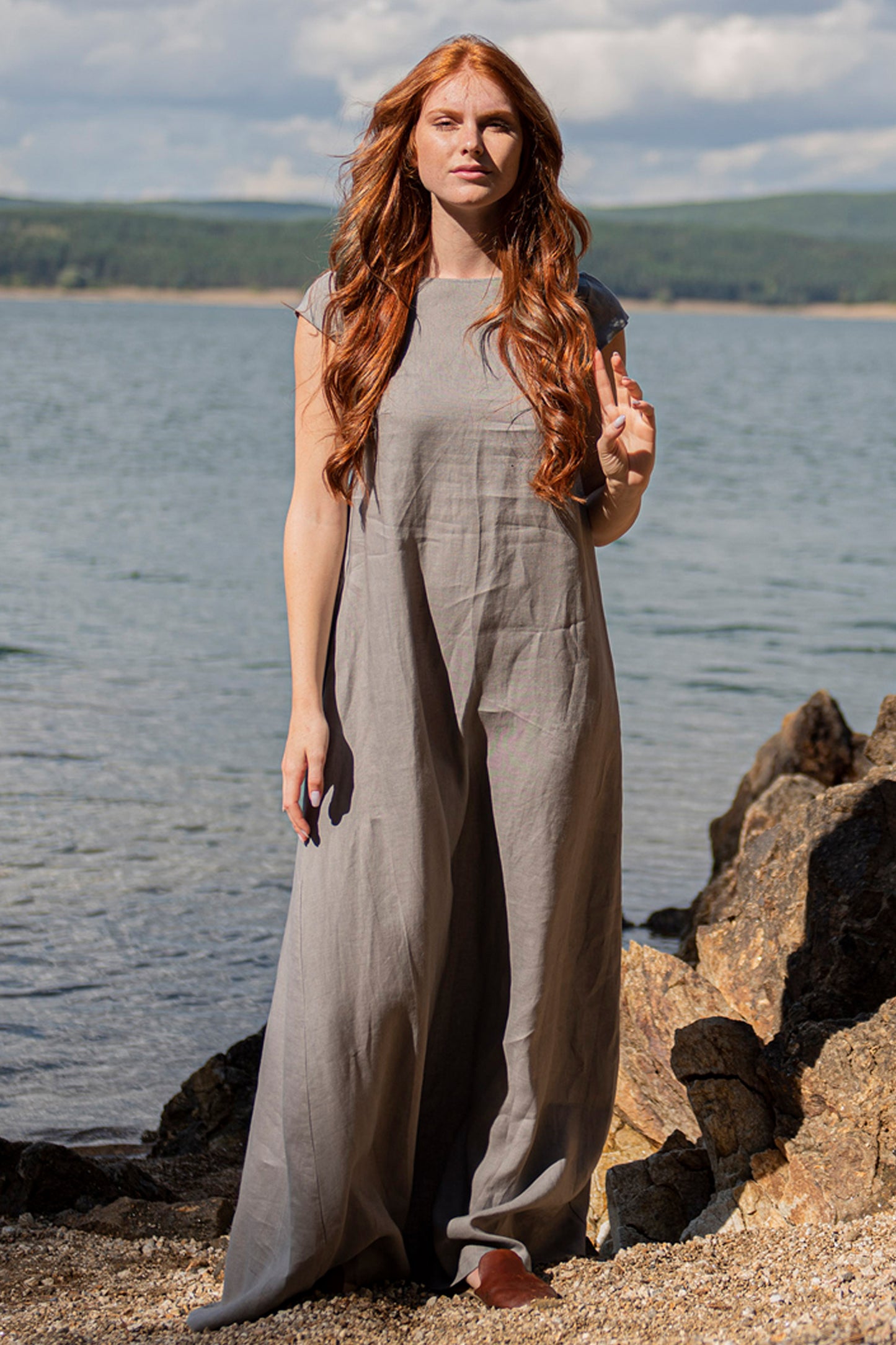 Linen Maxi Dress with Cap Sleeves, VisibleArtShop