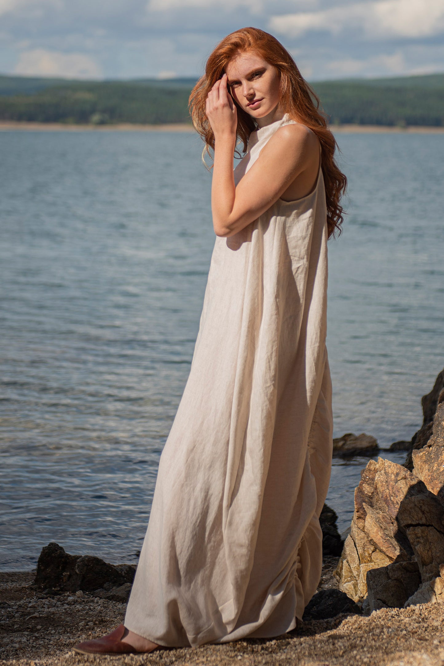 Cowl Neck Linen Dress in Natural, VisibleArtShop