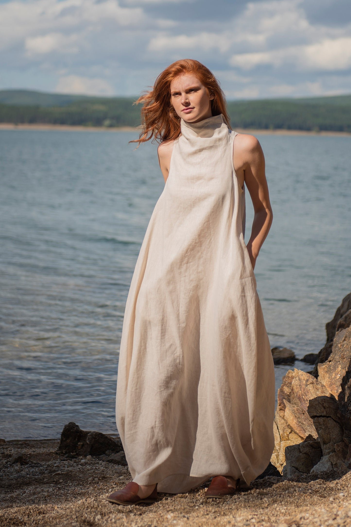 Cowl Neck Linen Dress in Natural, VisibleArtShop