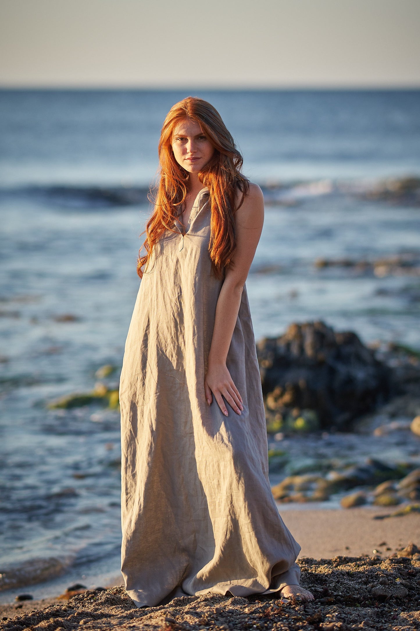 Hooded Linen Maxi Dress, VisibleArtShop