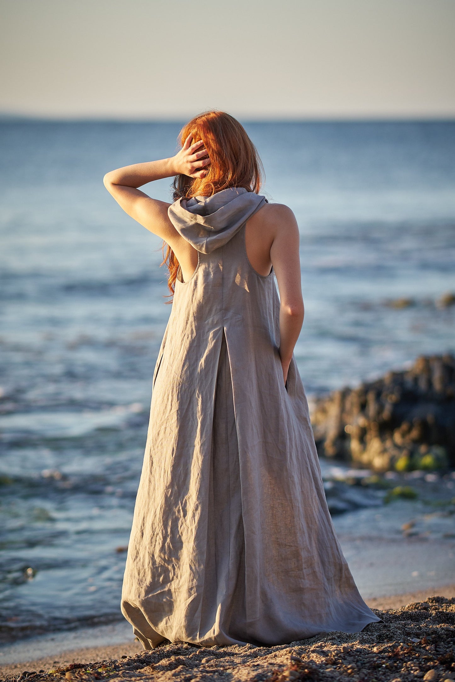 Hooded Linen Maxi Dress, VisibleArtShop