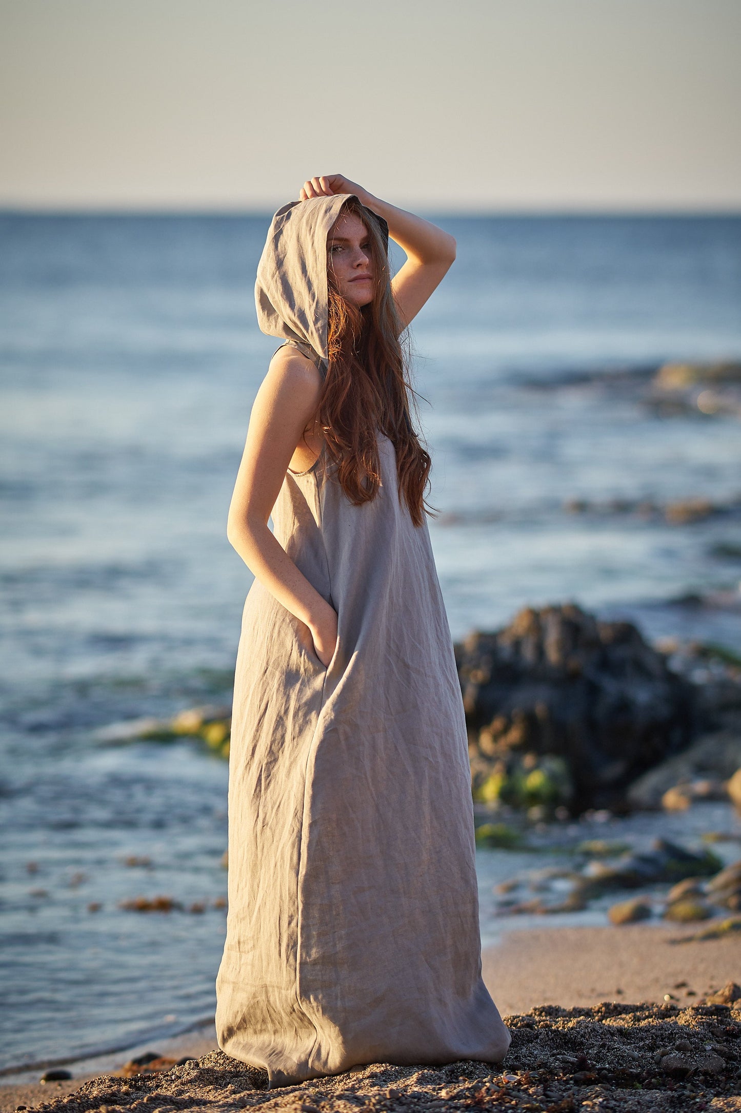 Hooded Linen Maxi Dress, VisibleArtShop