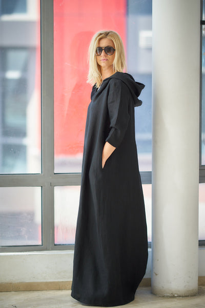 Hooded Linen Kaftan Dress in Black