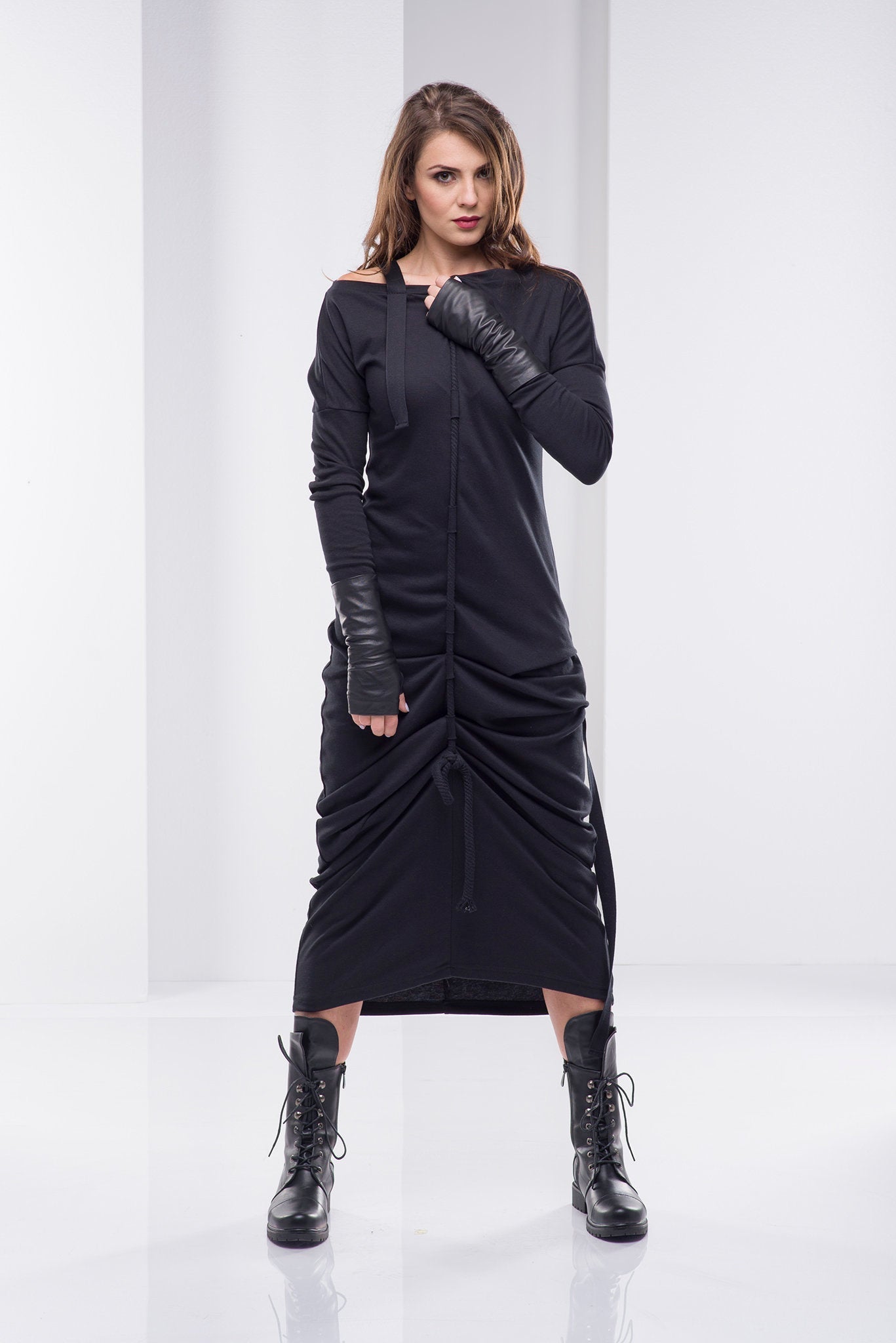 Original Drawstring Winter Maxi Dress in Black, XL Original Drawstring Winter Maxi Dress in Black, XL