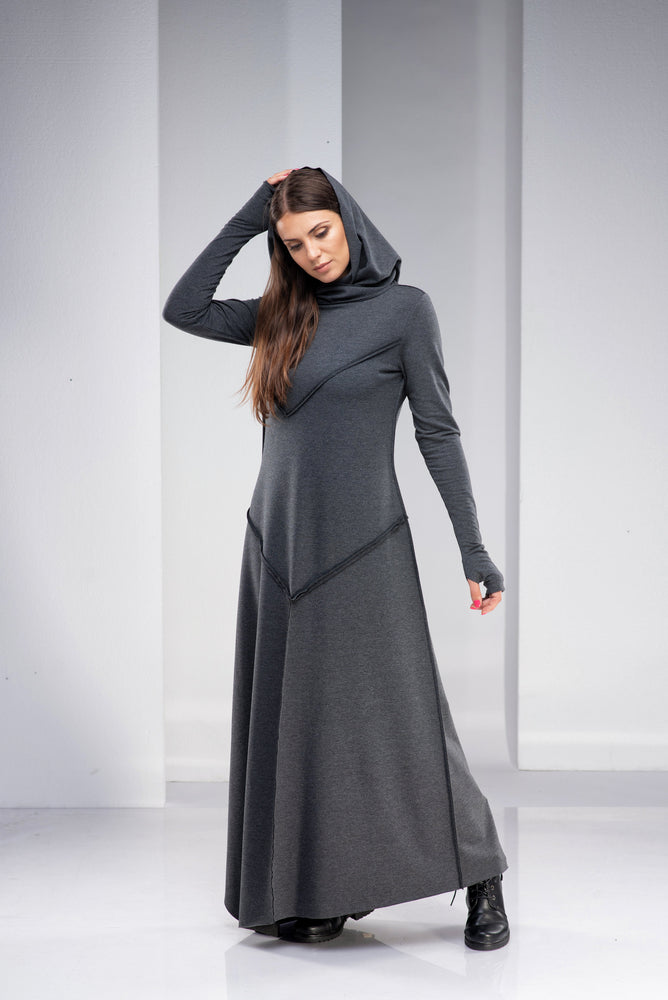 Gray Hooded Maxi Dress - VisibleArtShop
