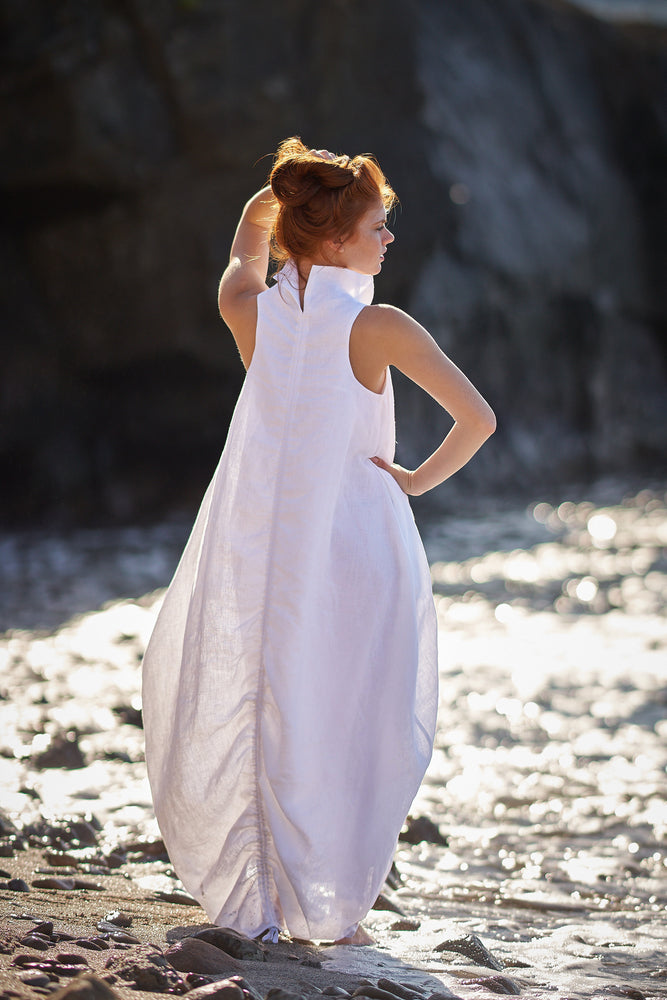 Cowl Neck Linen Dress in White - VisibleArtShop