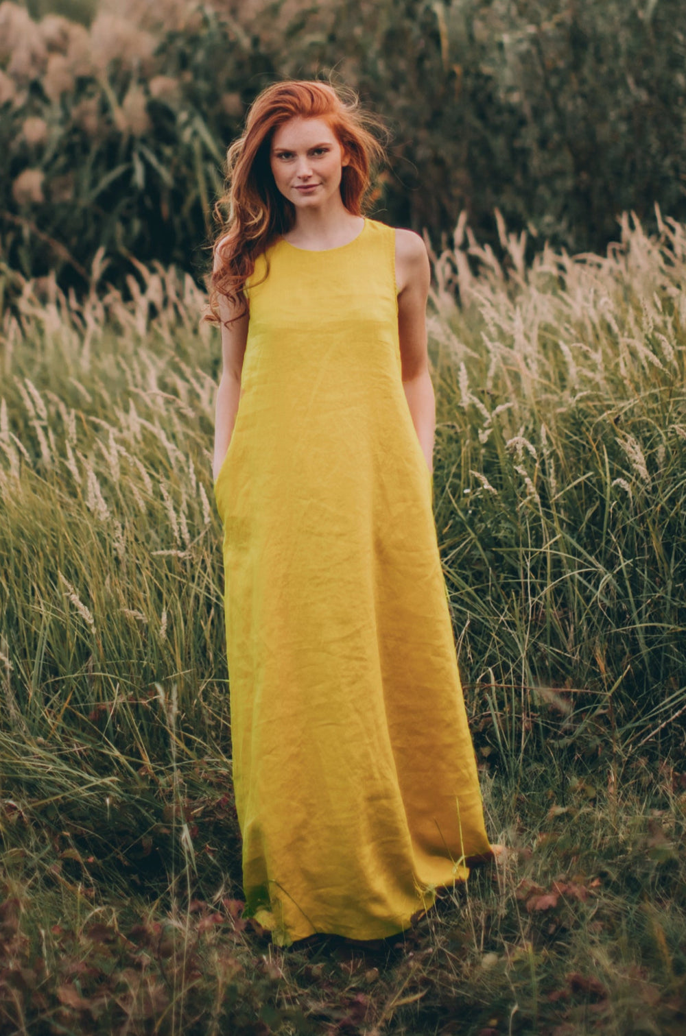 Minimalist Long Linen Dress in Mustard