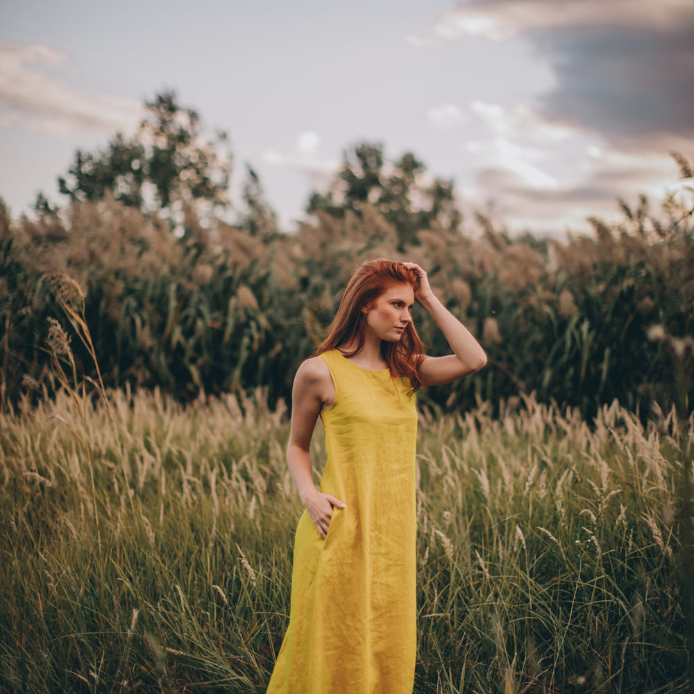 
                      
                        Minimalist Long Linen Dress in Mustard
                      
                    