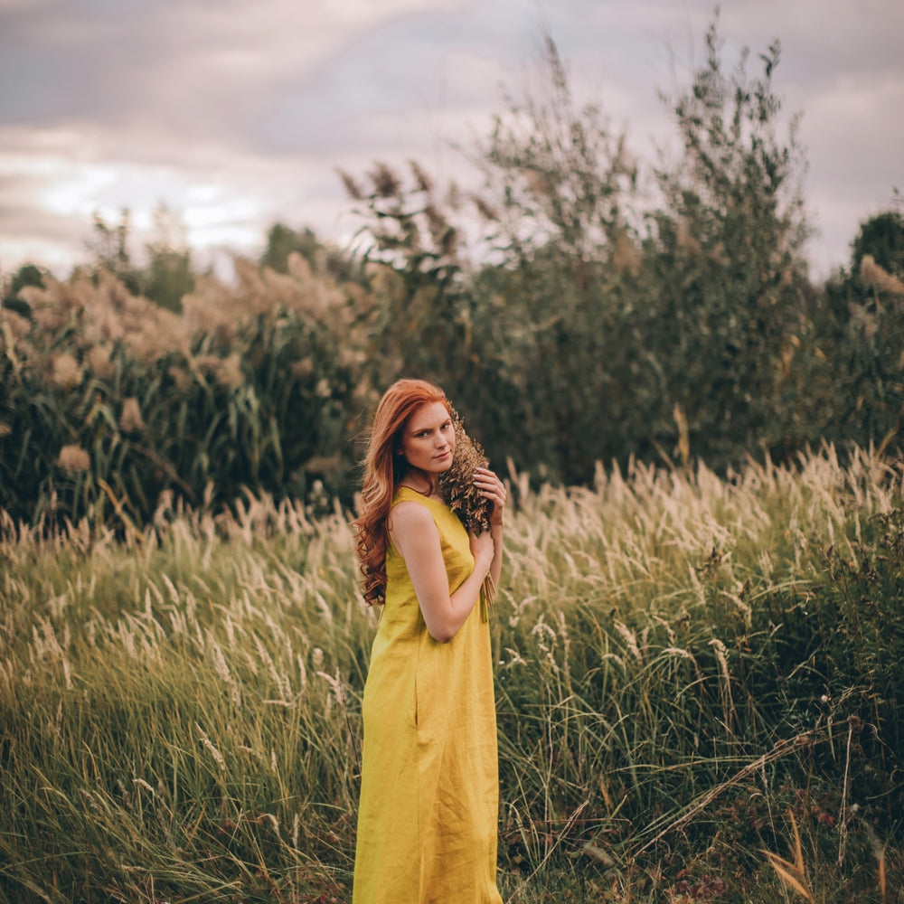 
                      
                        Minimalist Long Linen Dress in Mustard
                      
                    