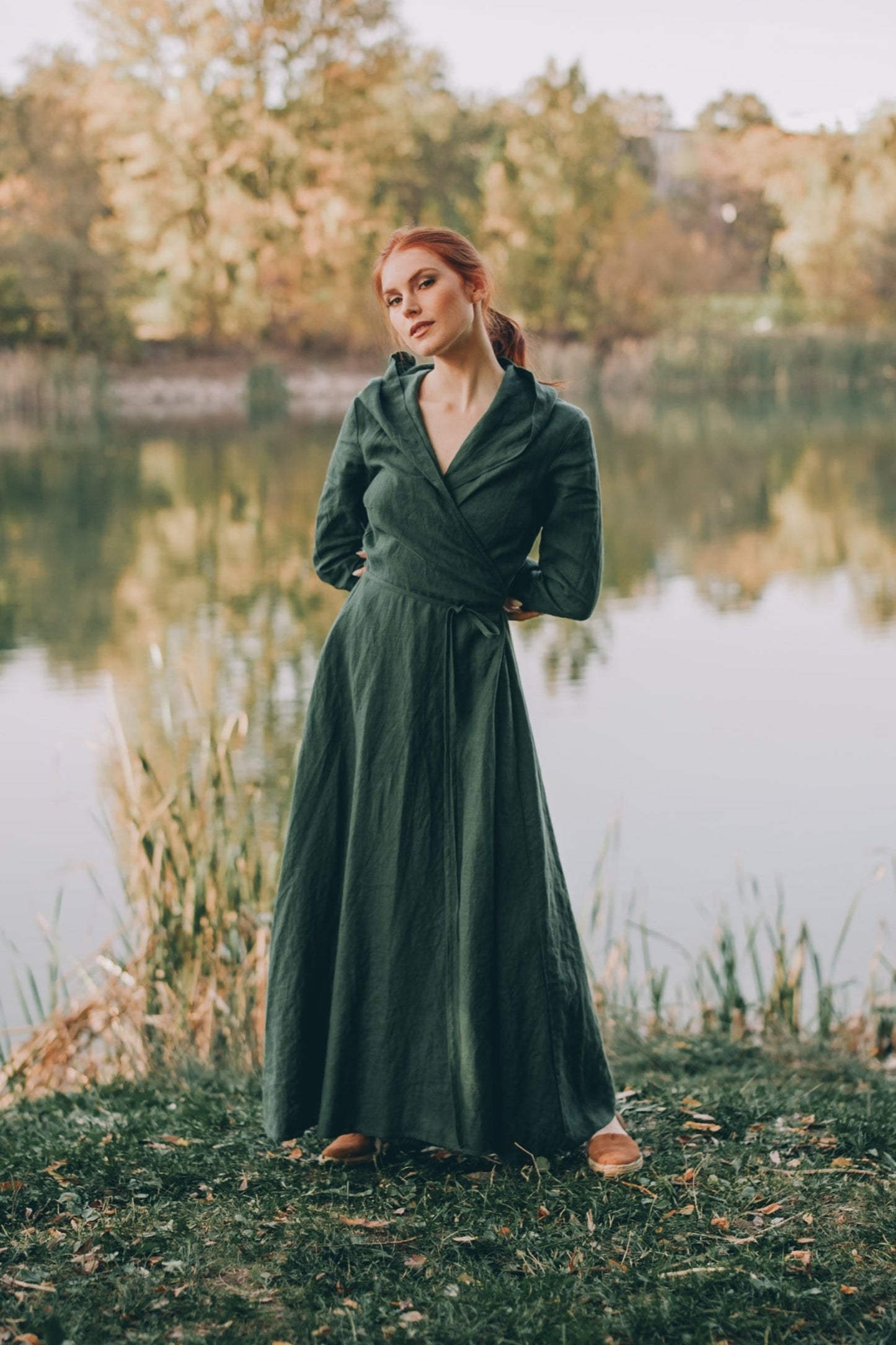 Hooded Linen Maxi Dress with Tie Waist - visibleart shop