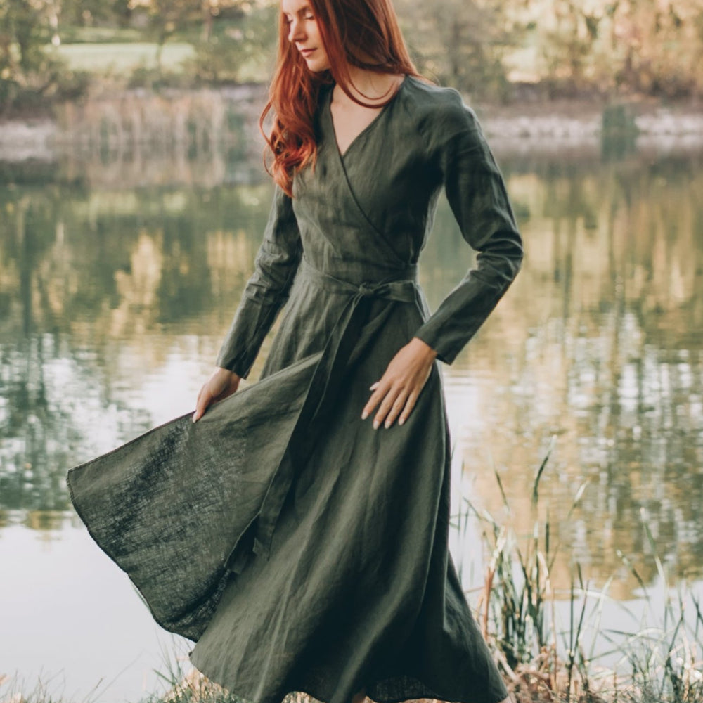 Long Sleeved Linen Wrap Dress in Midi Length - visibleartshop