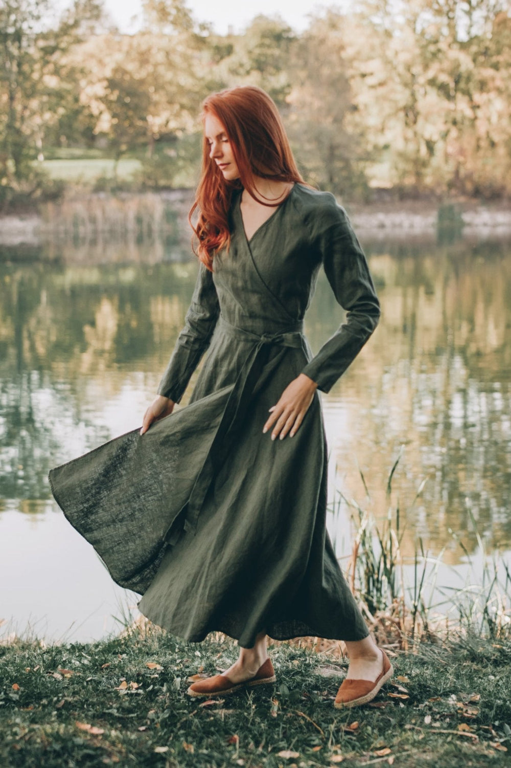 Heavy Linen Midi Dress, Fall Linen Dress for Women, Linen Wrap Dress, Flowy Dress, Cottagecore Dress, Linen Clothing, Long Sleeve Wrap Dress, 3XL / Heavy Linen Midi Dress, Fall Linen Dress for Women, Linen Wrap Dress, Flowy Dress, Cottagecore Dress, Linen Clothing, Long Sleeve Wrap Dress, 3XL /