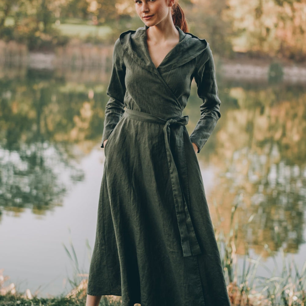 Linen A-Line Midi Dress with Hood - Visibleart shop