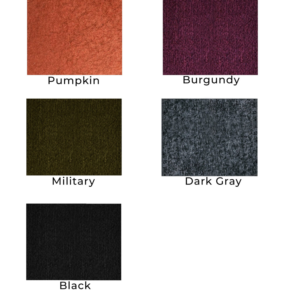 
                      
                        Color swatches labeled Pumpkin, Burgundy, Military, Dark Gray, and Black on a white background.
                      
                    