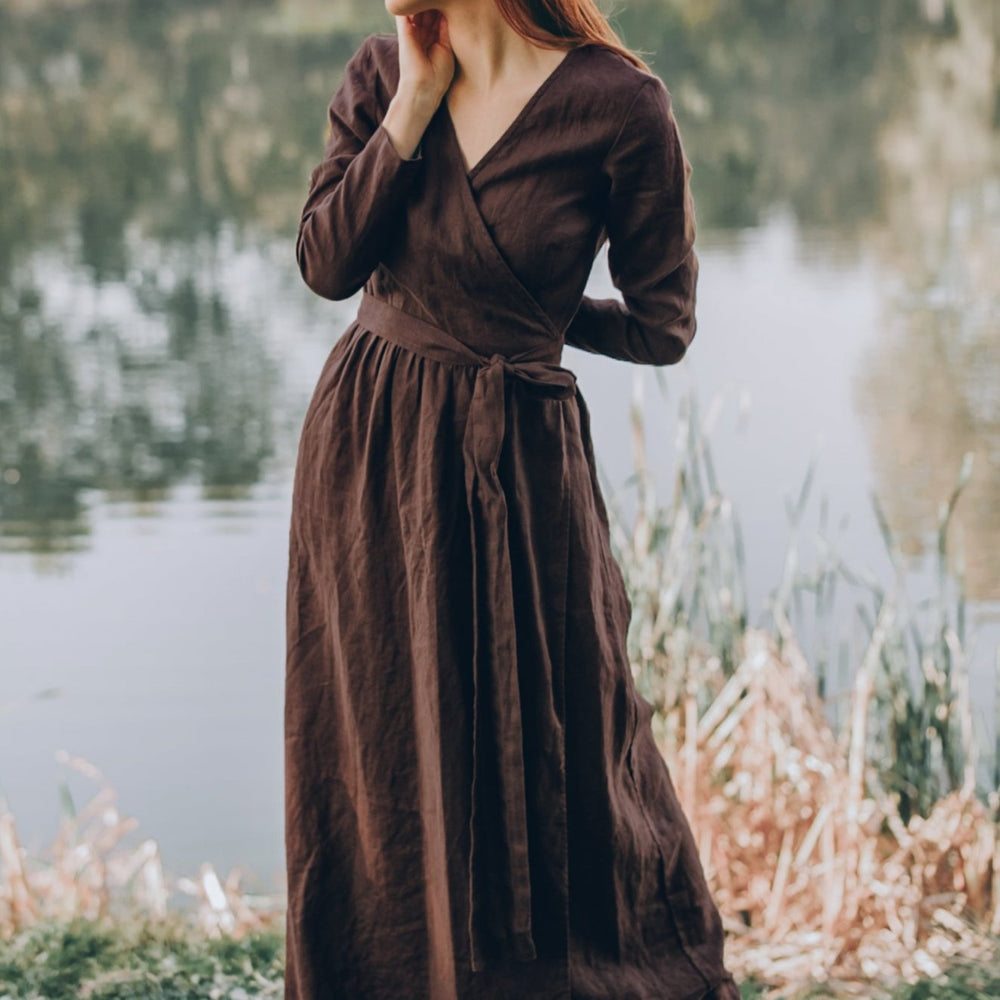 Long Sleeve Linen Wrap Dress, Brown color, Visibleart shop