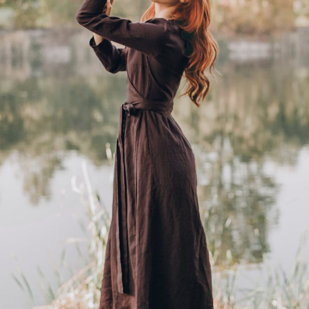 Long Sleeve Linen Wrap Dress, Brown Linen Dress, Heavyweight Linen Dress, Linen Maxi Dress, Wrap Maxi Dress for Women, Long Sleeve Fall Dress, M / Long Sleeve Linen Wrap Dress, Brown Linen Dress, Heavyweight Linen Dress, Linen Maxi Dress, Wrap Maxi Dress for Women, Long Sleeve Fall Dress, M /