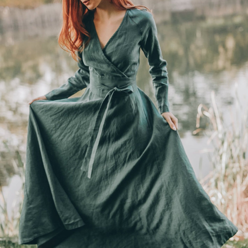 
                      
                        Heavy Linen Wrap Dress with Waist Belt, VisibleArtShop
                      
                    