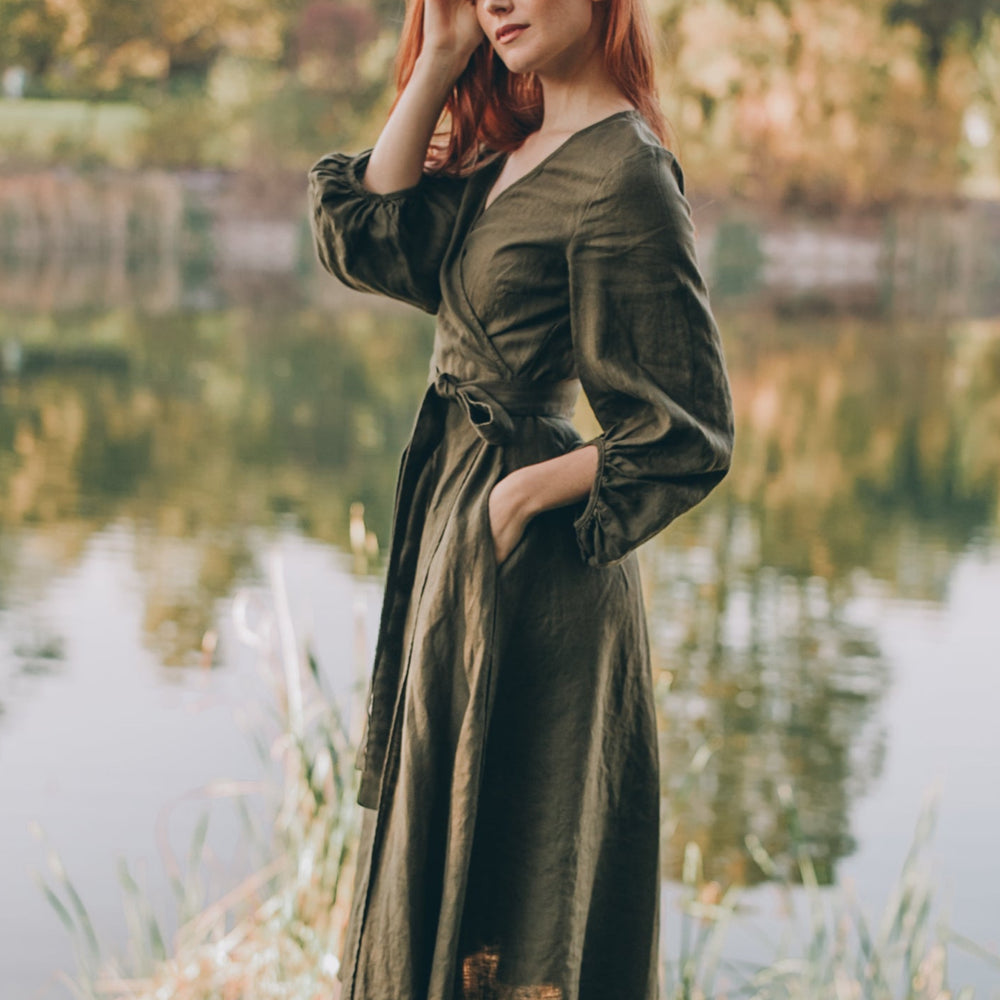 
                      
                        Linen Wrap Dress with Puff Sleeves
                      
                    