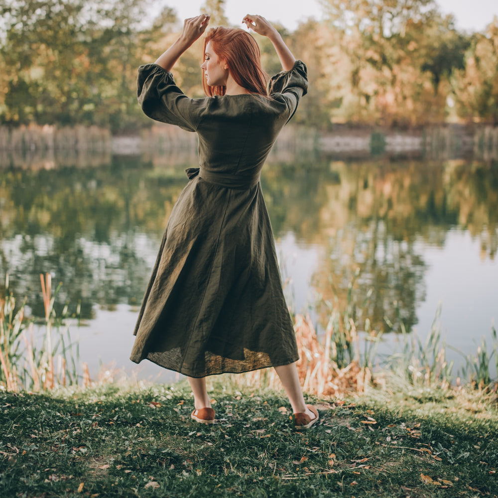 
                      
                        Linen Wrap Dress with Puff Sleeves - visibleartshop
                      
                    