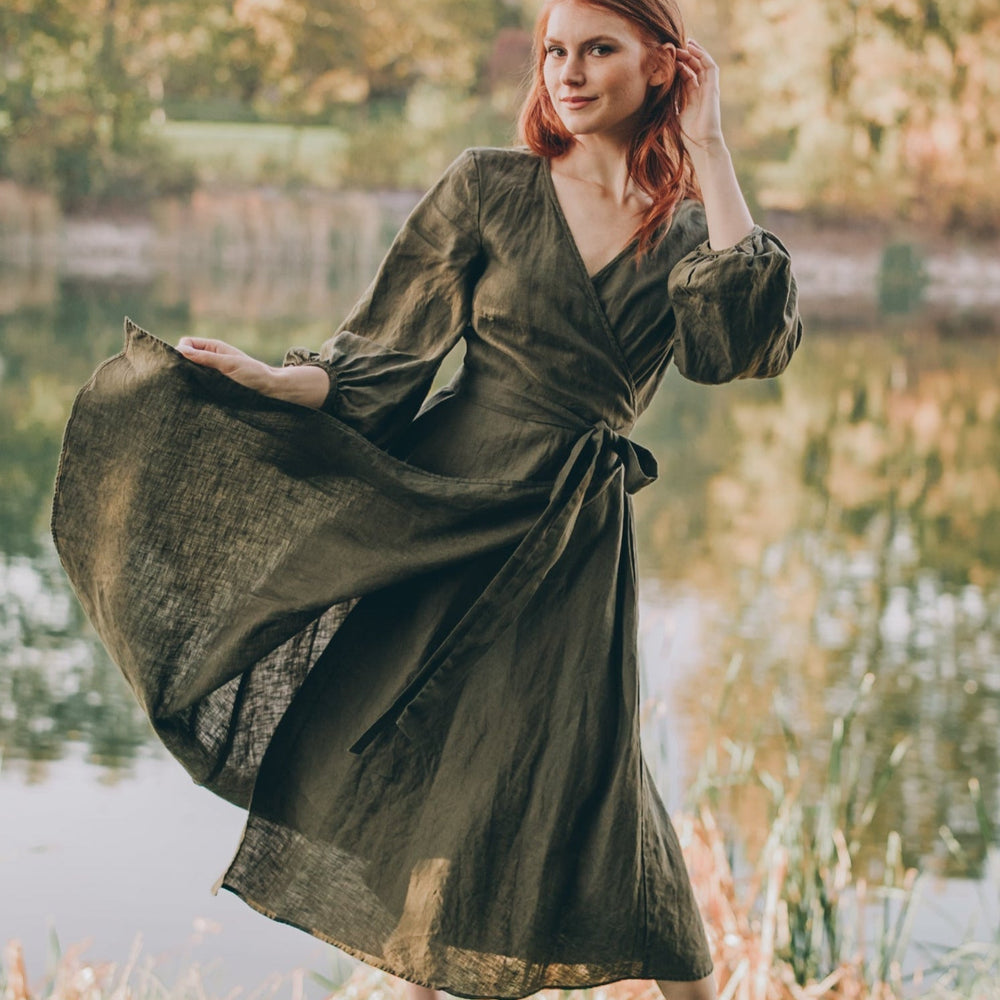 Linen Midi Dress with Pockets, Military Linen Wrap Dress, Puff sleeve Linen Dress, Linen Bridesmaid Dress, Summer Linen Dress for Women, 2XL / Rusty Linen Midi Dress with Pockets, Military Linen Wrap Dress, Puff sleeve Linen Dress, Linen Bridesmaid Dress, Summer Linen Dress for Women, 2XL / Rusty