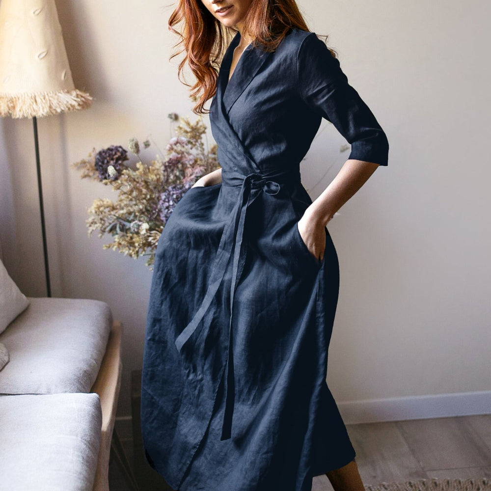 Night Blue Linen Dress - Linen Wrap Dress for Women - Linen Midi Dress - Summer Dress with Pockets - Shawl Collar Dress, S / Amethyst Night Blue Linen Dress - Linen Wrap Dress for Women - Linen Midi Dress - Summer Dress with Pockets - Shawl Collar Dress, S / Amethyst