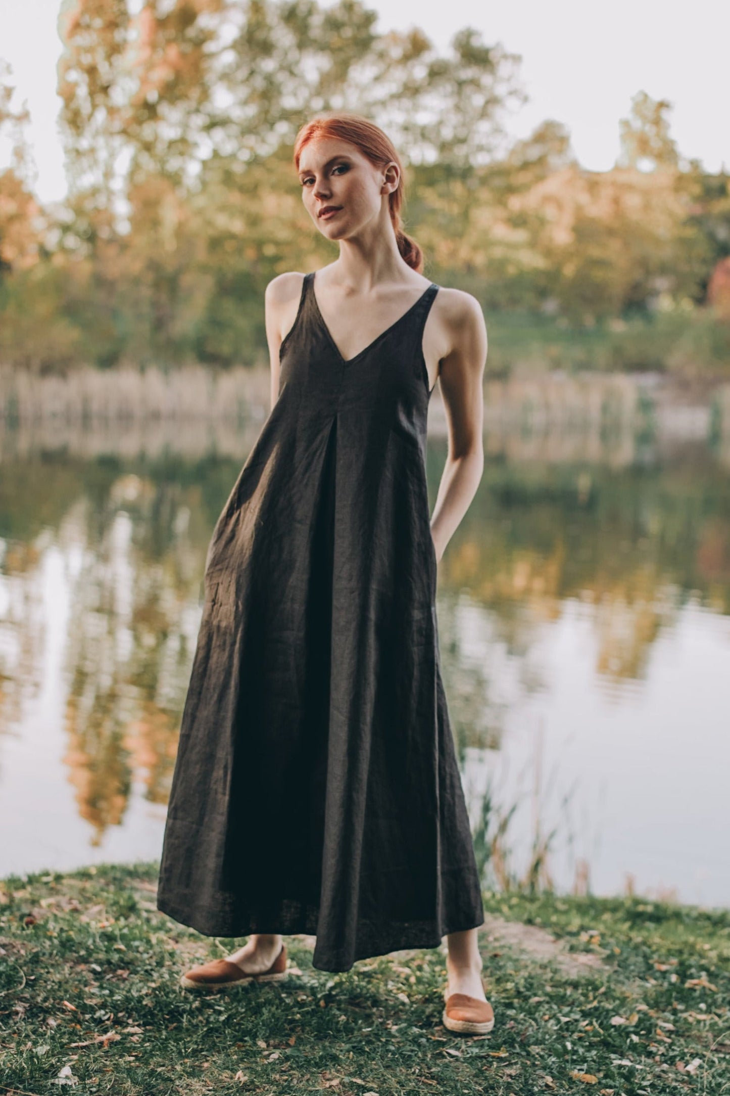 Reversible Minimalist Linen Dress, Sleeveless Summer Linen Dress, Black Linen Midi Dress, Deep V Dress, Womens Linen Clothing, XS / Military Reversible Minimalist Linen Dress, Sleeveless Summer Linen Dress, Black Linen Midi Dress, Deep V Dress, Womens Linen Clothing, XS / Military
