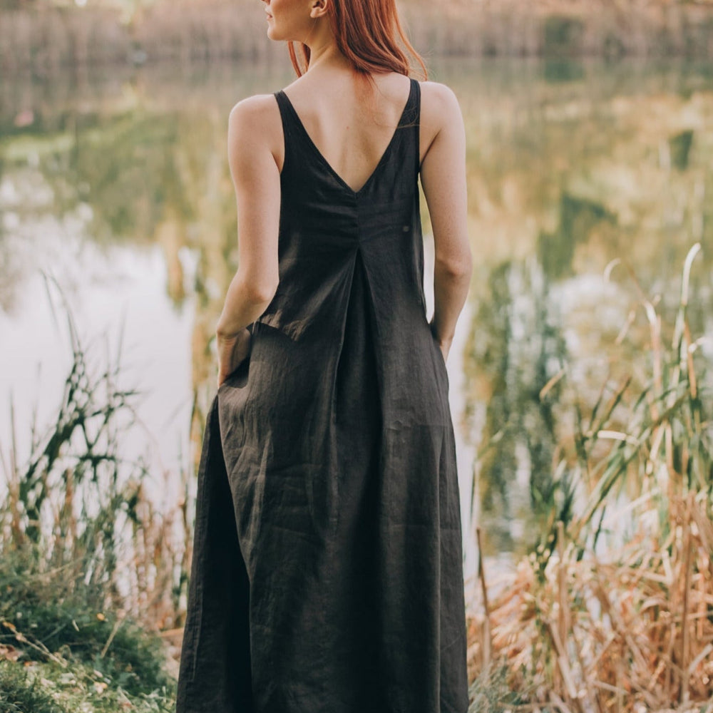 Reversible Minimalist Linen Dress, Sleeveless Summer Linen Dress, Black Linen Midi Dress, Deep V Dress, Womens Linen Clothing, XS / Military