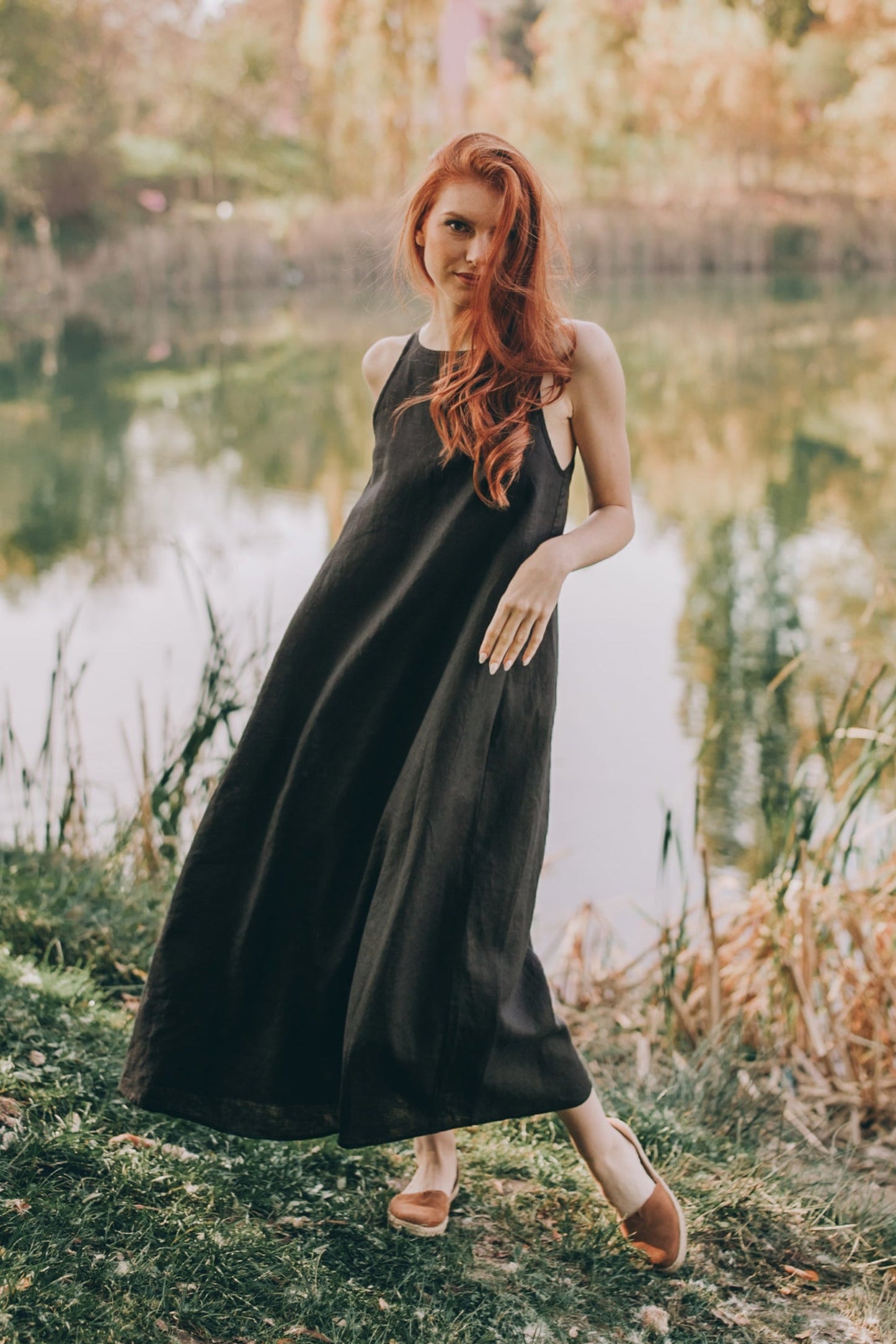 Reversible Minimalist Linen Dress, Sleeveless Summer Linen Dress, Black Linen Midi Dress, Deep V Dress, Womens Linen Clothing, XS / Military Reversible Minimalist Linen Dress, Sleeveless Summer Linen Dress, Black Linen Midi Dress, Deep V Dress, Womens Linen Clothing, XS / Military