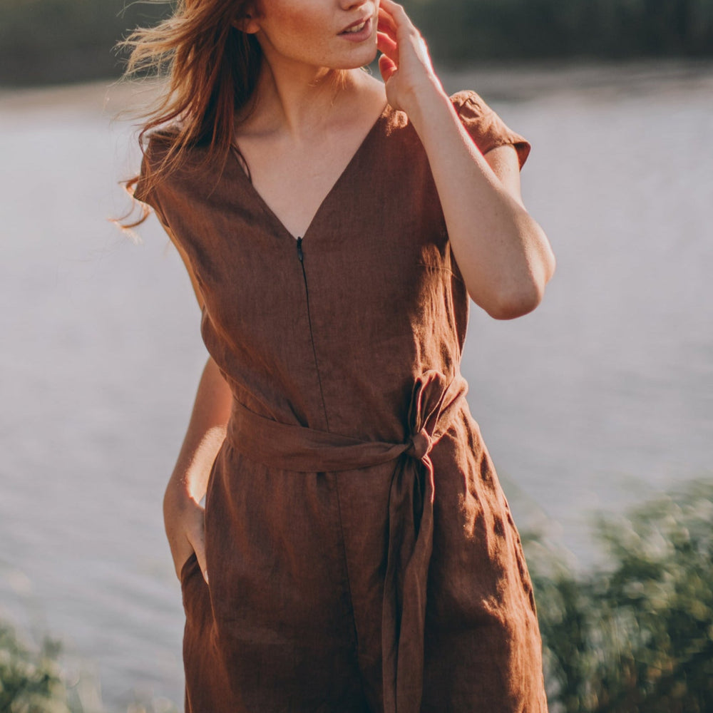 
                      
                        Wide Leg Linen Jumpsuit with Tie Belt - VisibleArtShop
                      
                    