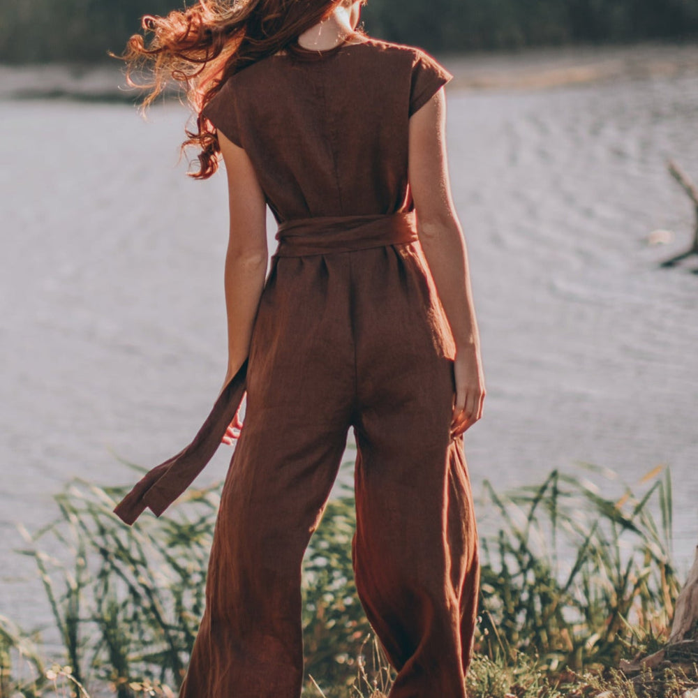 
                      
                        Wide Leg Linen Jumpsuit with Tie Belt - VisibleArtShop
                      
                    