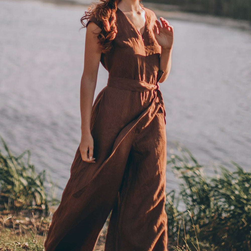 Wide Leg Linen Jumpsuit with Tie Belt - VisibleArtShop