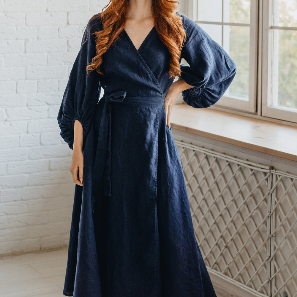 Linen Wrap Dress with Puff Sleeve-visibleartshop