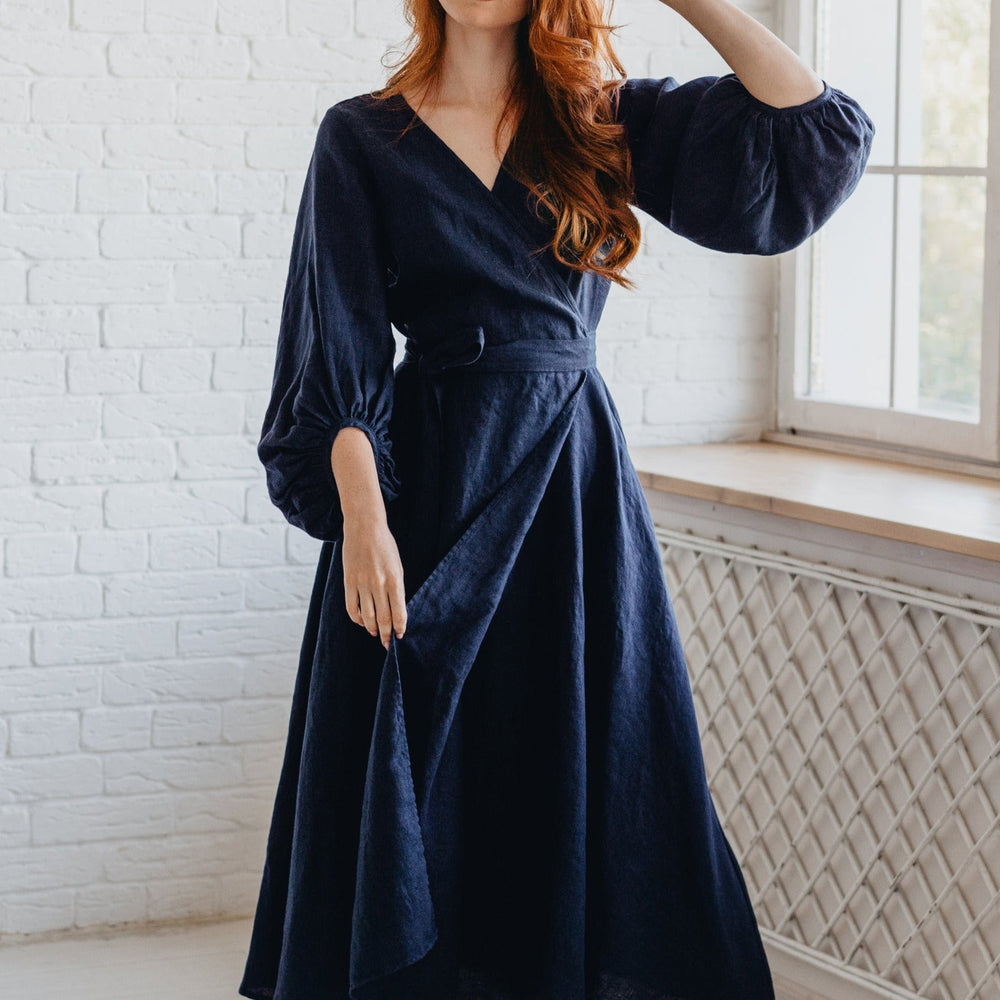 
                      
                        Linen Wrap Dress with Puff Sleeve-visibleartshop
                      
                    