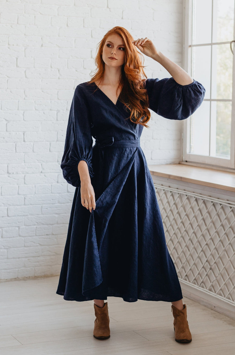 Linen Wrap Dress with Puff Sleeve-visibleartshop