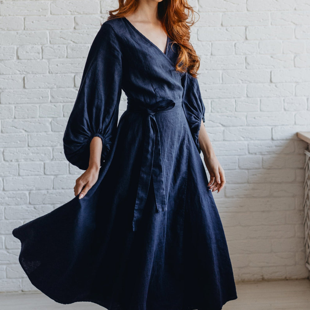 Linen Wrap Dress with Puff Sleeve-visibleartshop