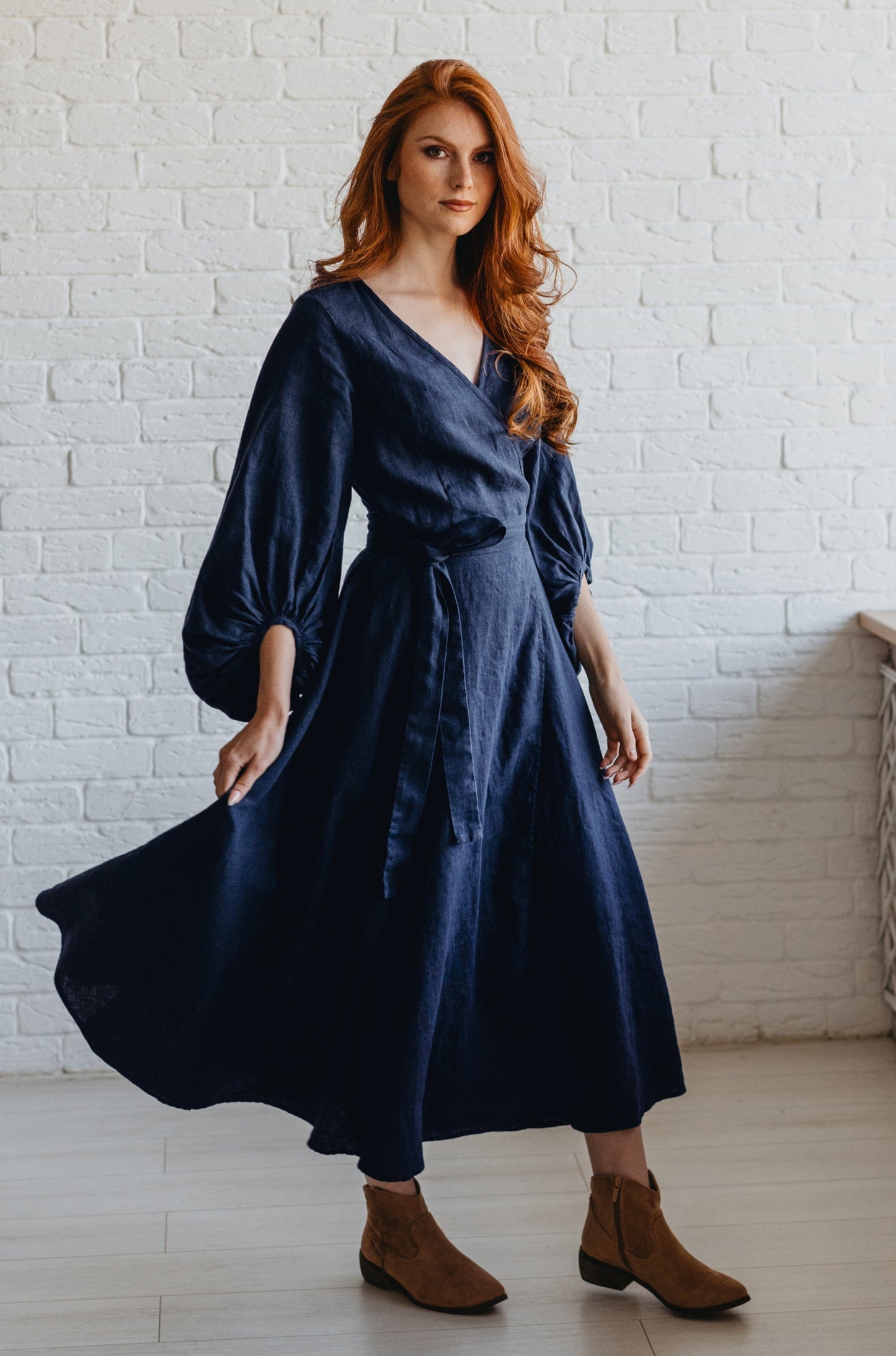 Linen Wrap Dress with Puff Sleeve-visibleartshop