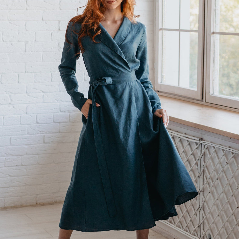 Heavyweight Linen Wrap Dress-visibleartshop