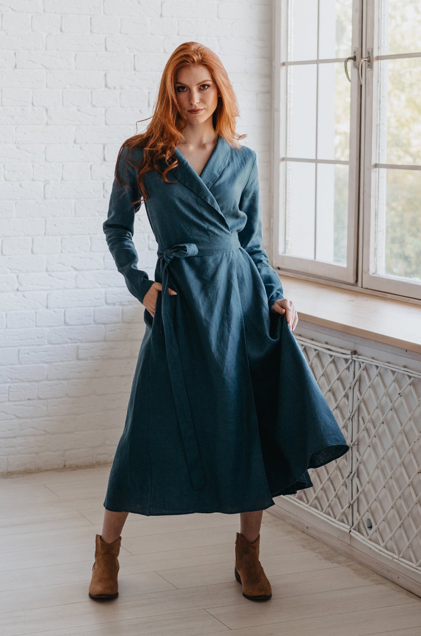 Heavyweight Linen Wrap Dress-visibleartshop