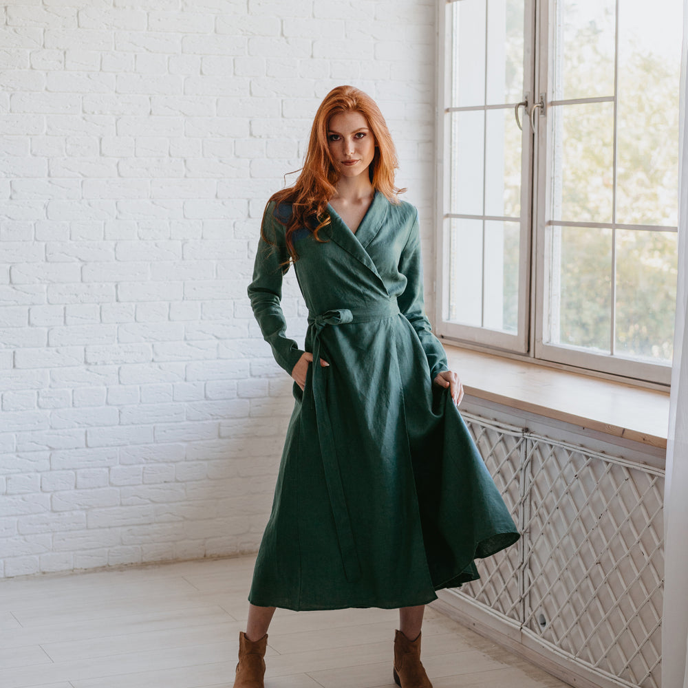 Heavyweight Linen Wrap Dress in Midi Length - visibleartshop