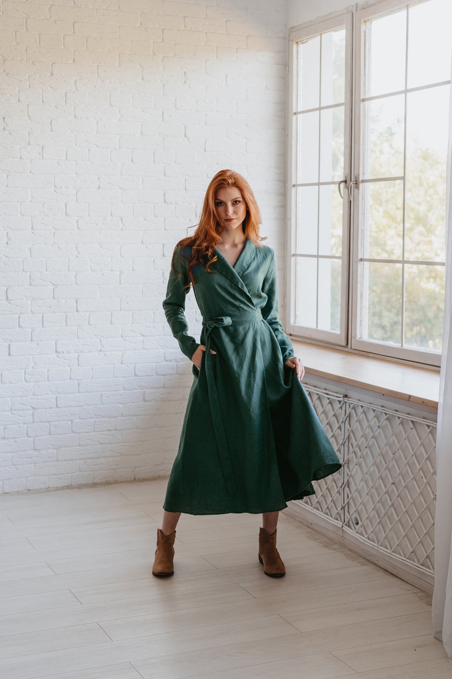 Heavyweight Linen Wrap Dress in Midi Length - visibleartshop